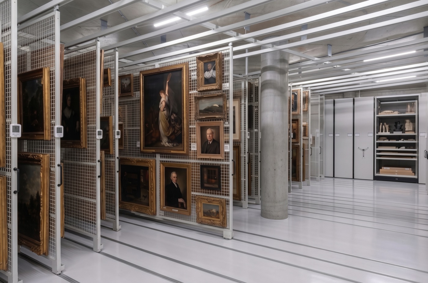 Museum art store, framed paintings on sliding racks