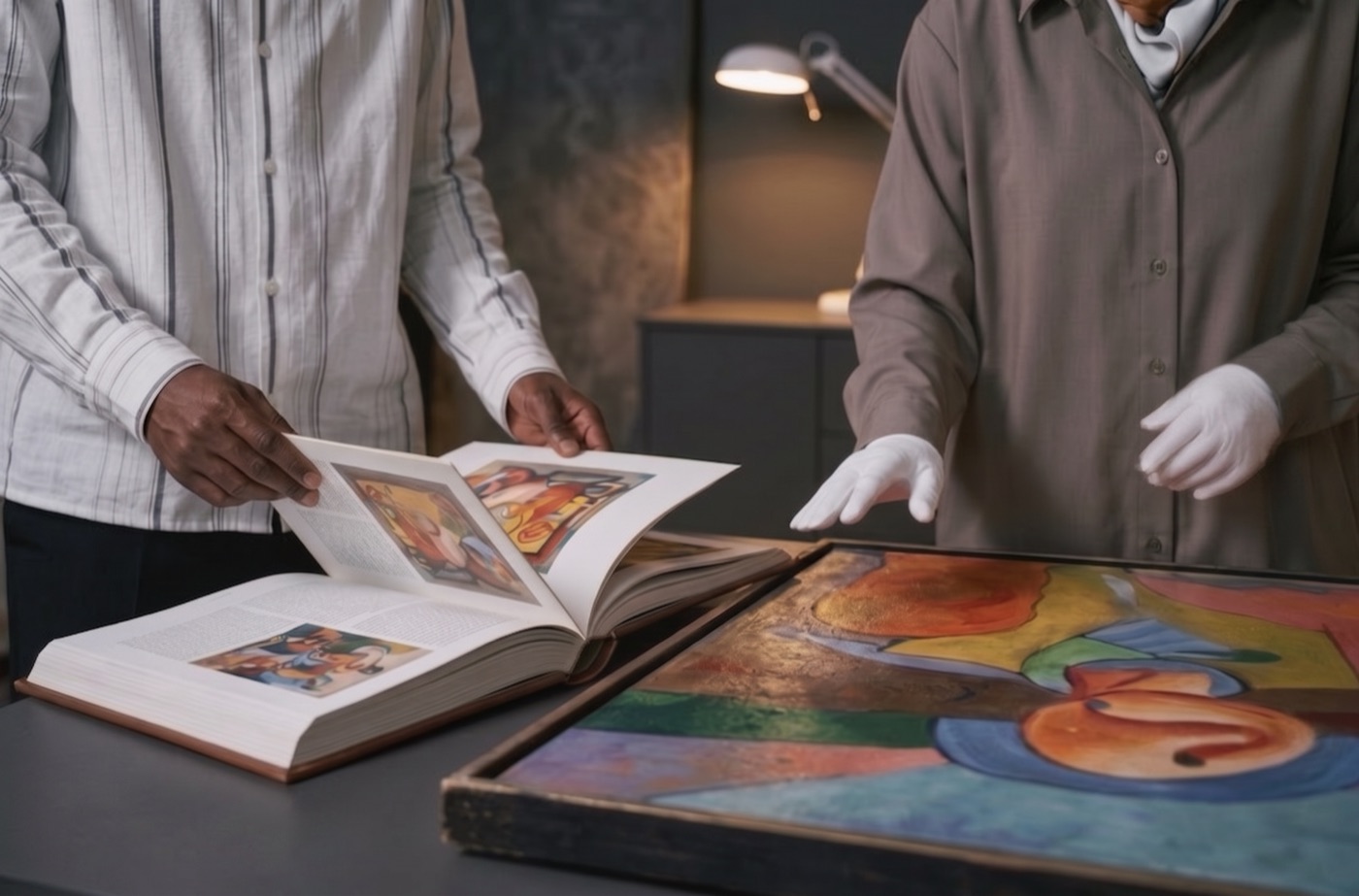 Curators studying an exhibition catalogue over a work