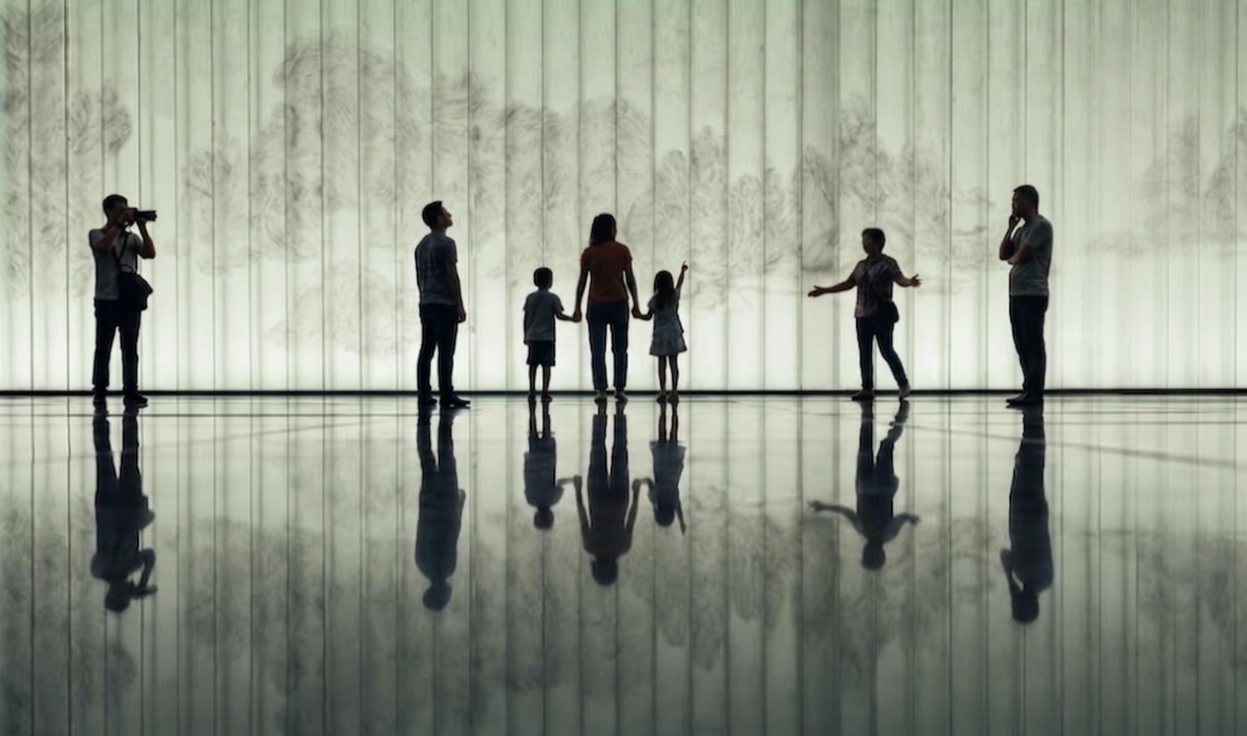 Silhouettes of museum visitors before a lit wall