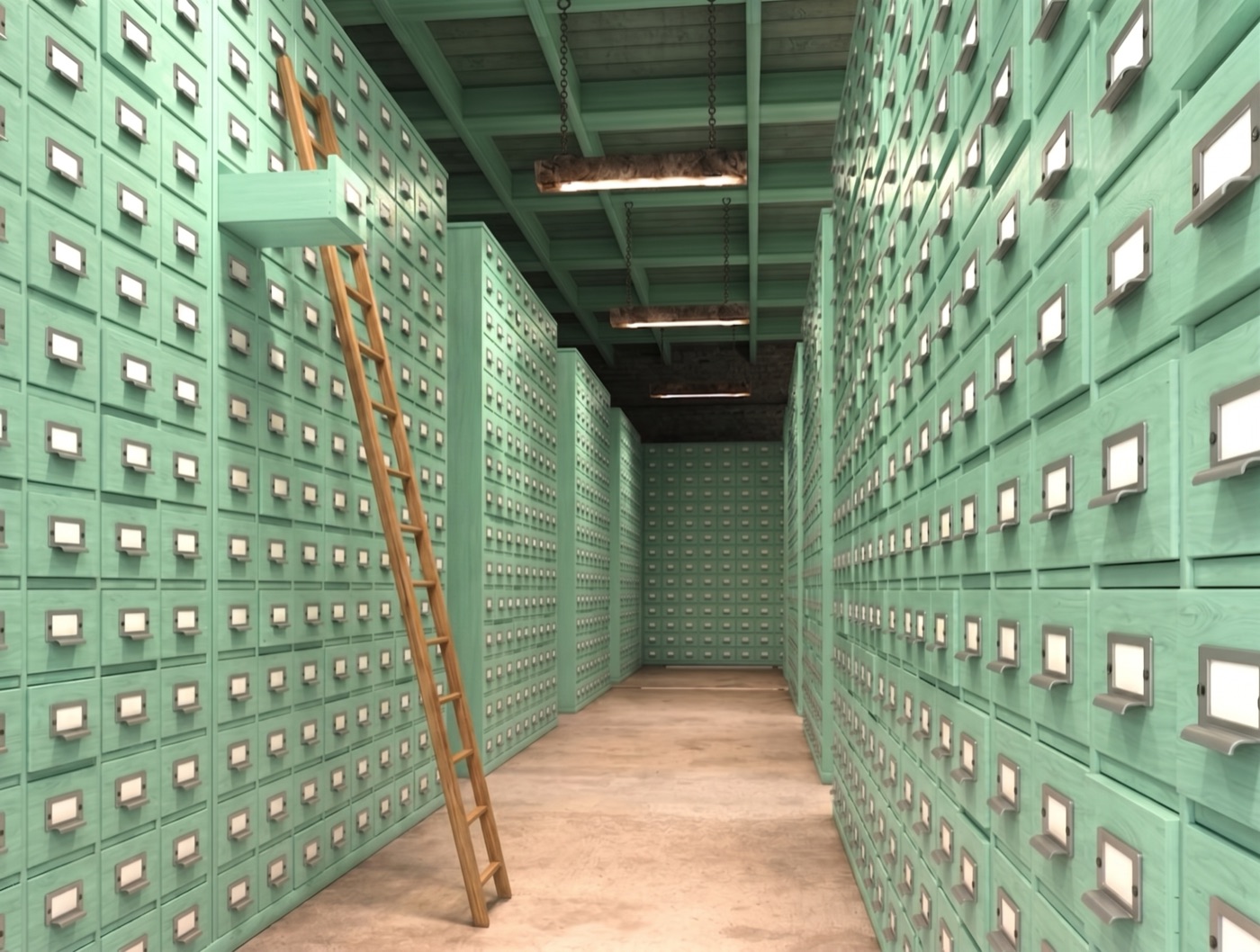 A room of wooden card-catalogue drawers